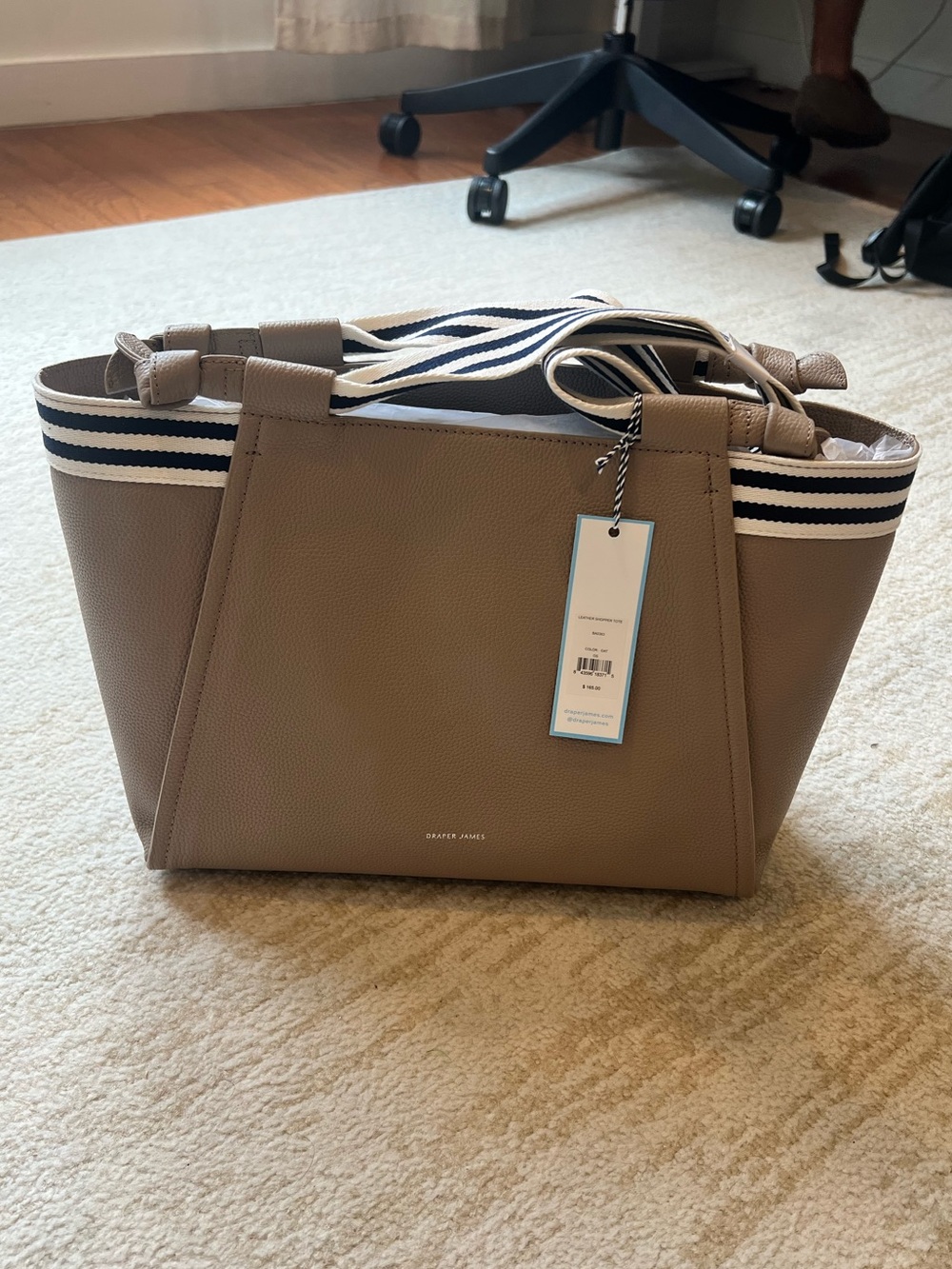 Draper James Taupe Shopper Tote with Navy and White Striped Webbing Handles